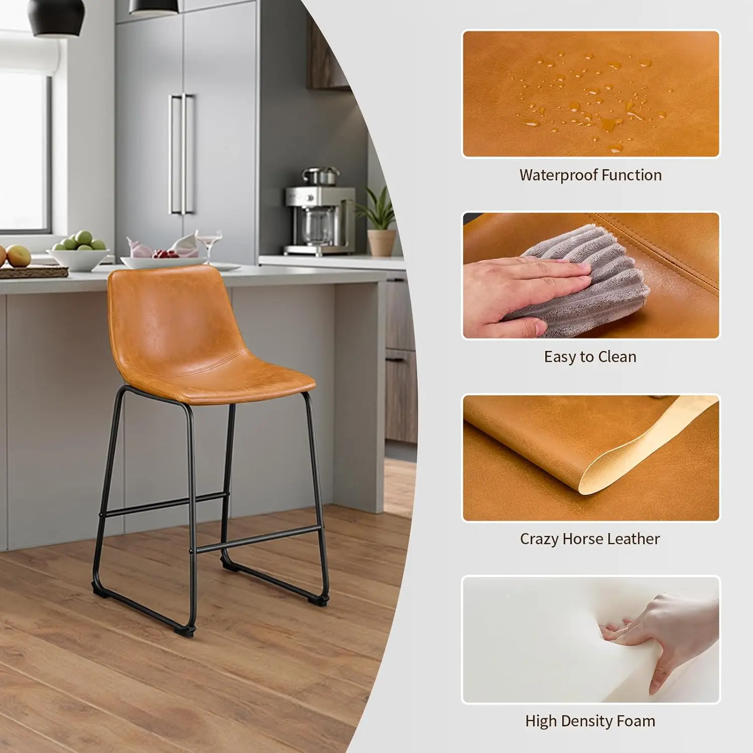 26 Inch Bar Stools Set of 4, Modern Crazy Horse Leather Counter Stools with Back, Whiskey Brown