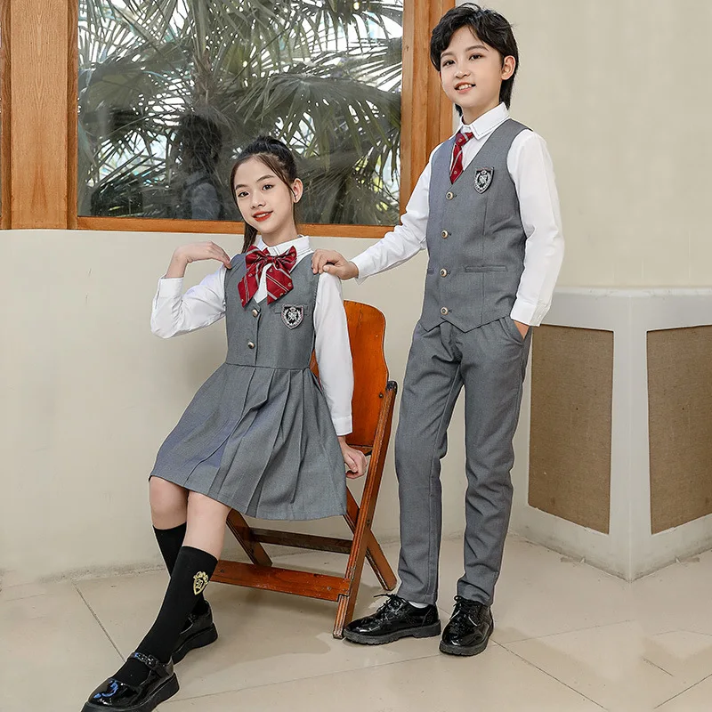 Uniforme escolar japonês para criança, Camisa branca, Vestido de avental plissado cinza, Colete, Calças, Laço para menina, Conjunto de roupas para menino, Roupa de estudante