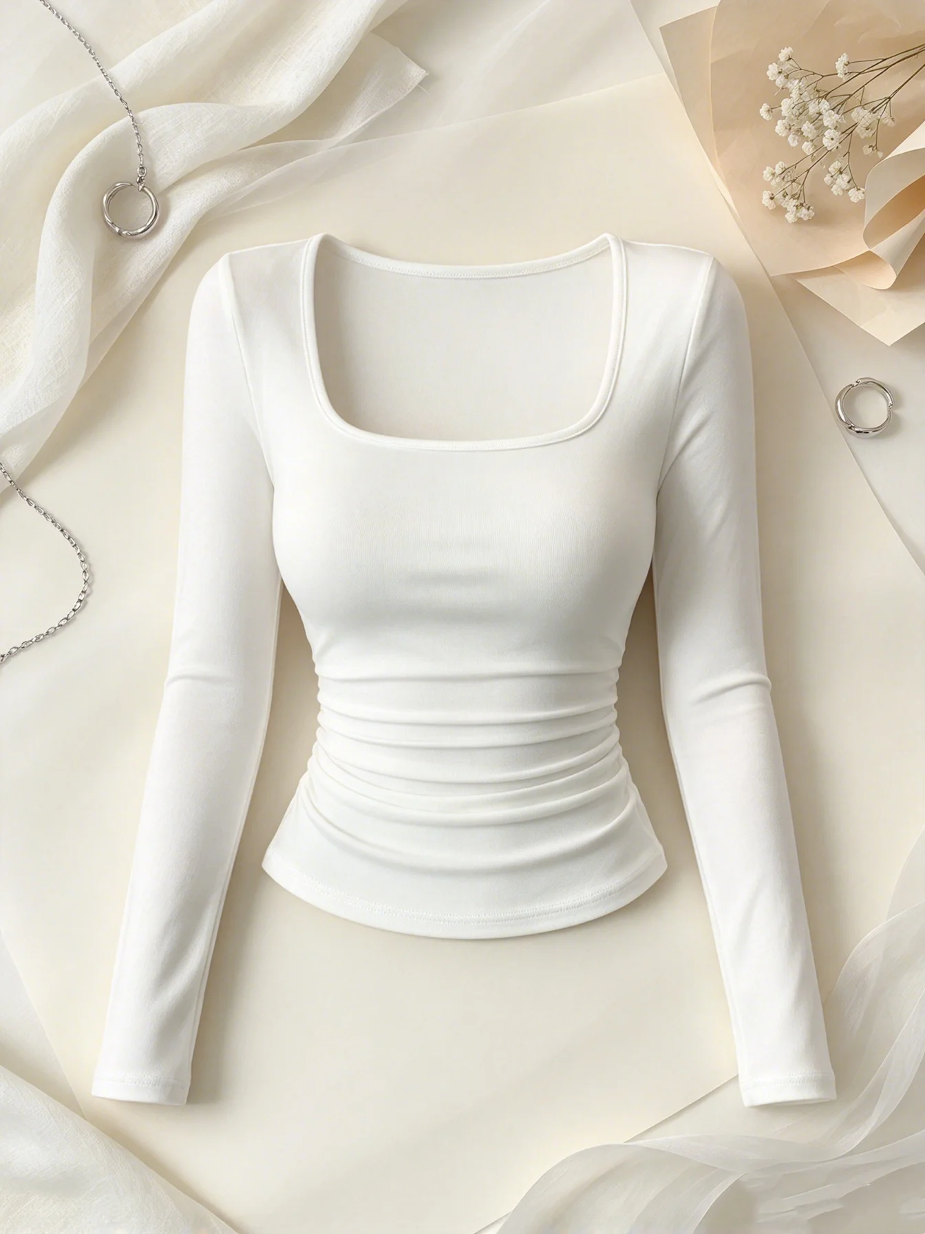 Women's Elegant Long Sleeve T-Shirt Square Neck Waist Cinched Top Solid Color Casual Autumn Wear for Daily Commuting