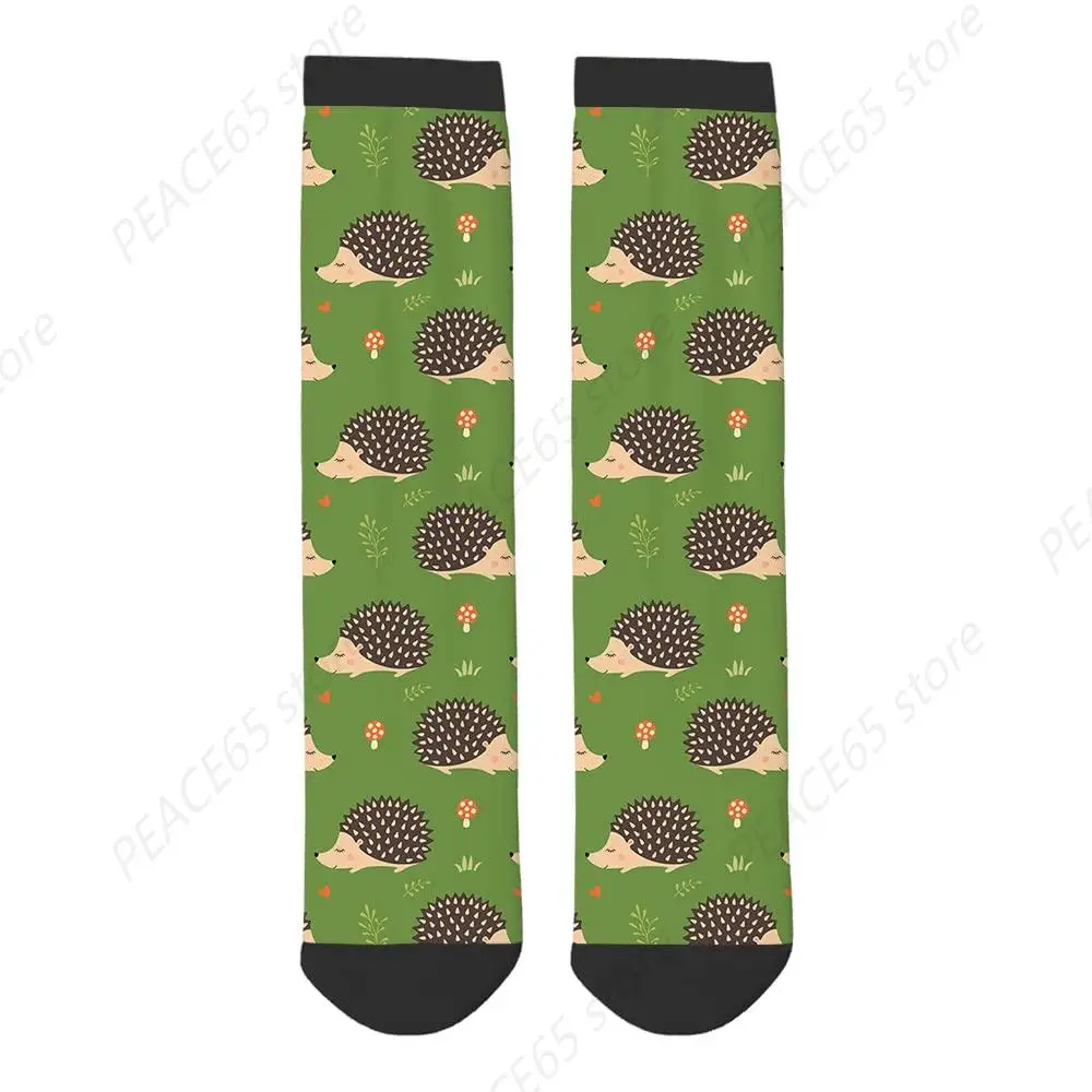 Hedgehogs Funny Socks Cute Cartoon Hedgehogs Mushroom Green Grass Casual Crew Socks Contrast Color Design for Women Men Gift