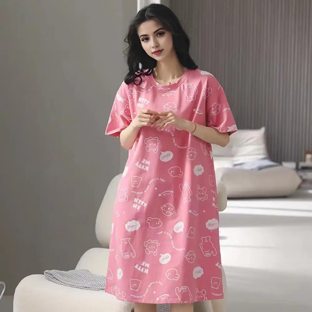 

Women Nightdress Summer Nightdress Cartoon Print Women's Summer Nightgown O Neck Loose Pullover Dress for Lady Sleepwear Knee