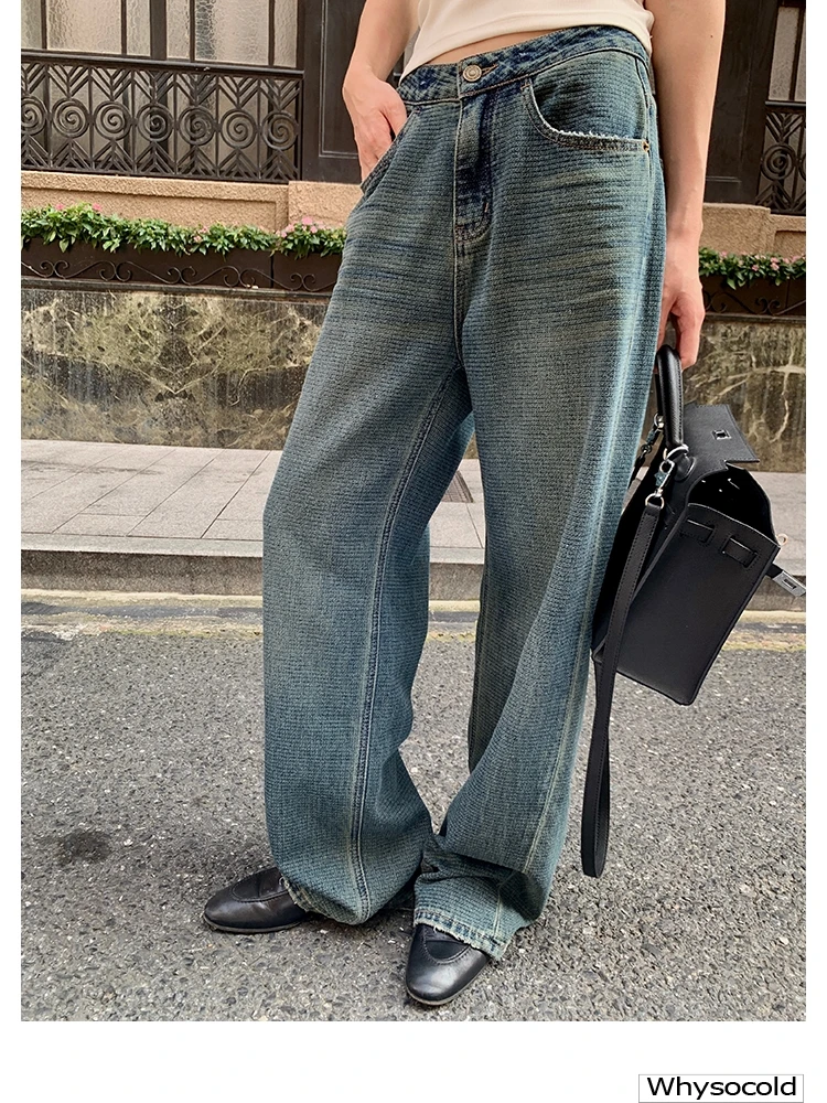 

Текстурированные джинсы с широкими штанинами, удлиненные, стройнящие, женские, осенне-зимние, новые, прямого кроя, сине-белые, винтажные, деним, с завышенной талией