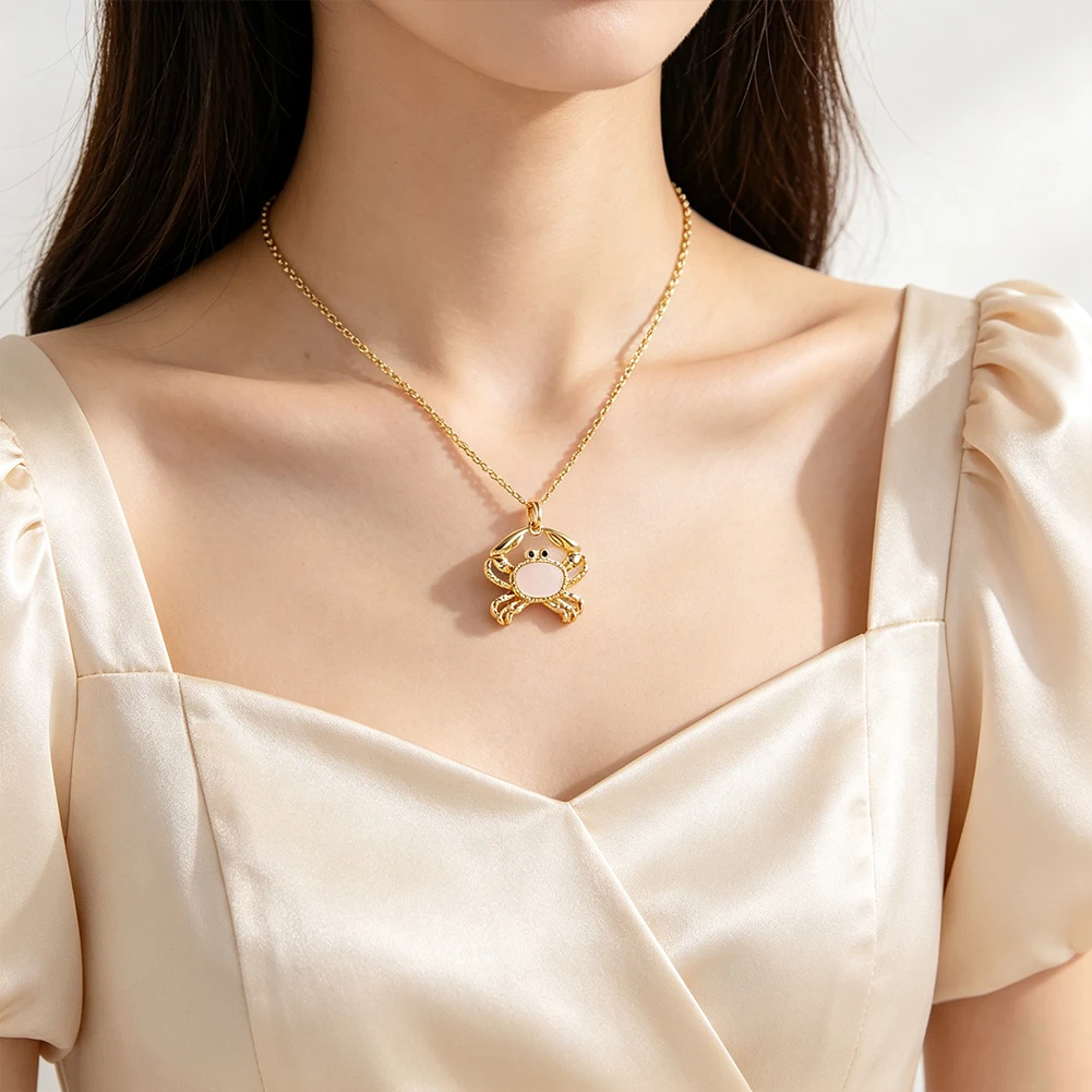 Gold Crab Pendant Necklace 50cm 2.3cm Mother of Pearl Inlay Cancer Zodiac Charm Nautical Animal Jewelry Birthday Gift for Women