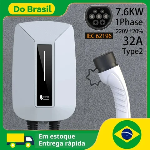 Carregador EV Feyree Tipo 2 32A 7KW Monofásico IEC62196 com Cabo e Plugue, Estação de Carregamento Wallbox EVSE para Carros Elétricos