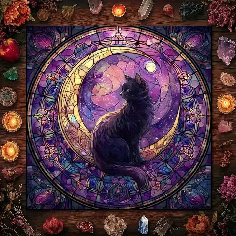 VIKAMA Altar Cloth Black Cat Moon Phase Tarot Reading Tablecloth Retro Witchcraft Ritual Energy Atmosphere Decoration