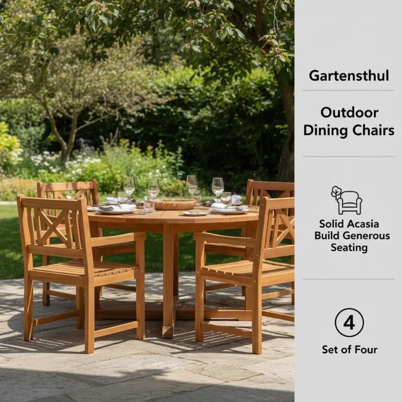 Chaises de jardin VidaXL 56 x 55 cm, lot de 4 en bois d'acacia massif marron, dossier ergonomique avec accoudoirs plats, finition huilée pour terrasse, balcon, espace extérieur, décoration rustique, entretien facile