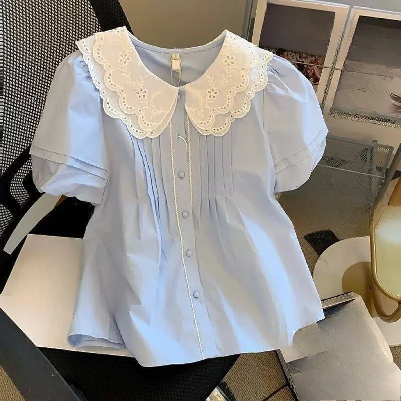 Sweet Puff Sleeve Blouses Spring Summer Korean Fashion Women Shirts Peter Pan Collar Retro Elegant Blusas Feminina