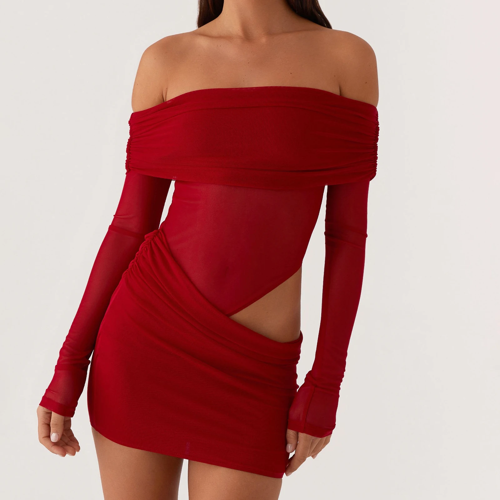 Women Sexy Off Shoulder Mini Dress Slim Ruched Solid Color Cut Out Long Sleeve Backless Hollow Mesh Bodycon Dress Party Club
