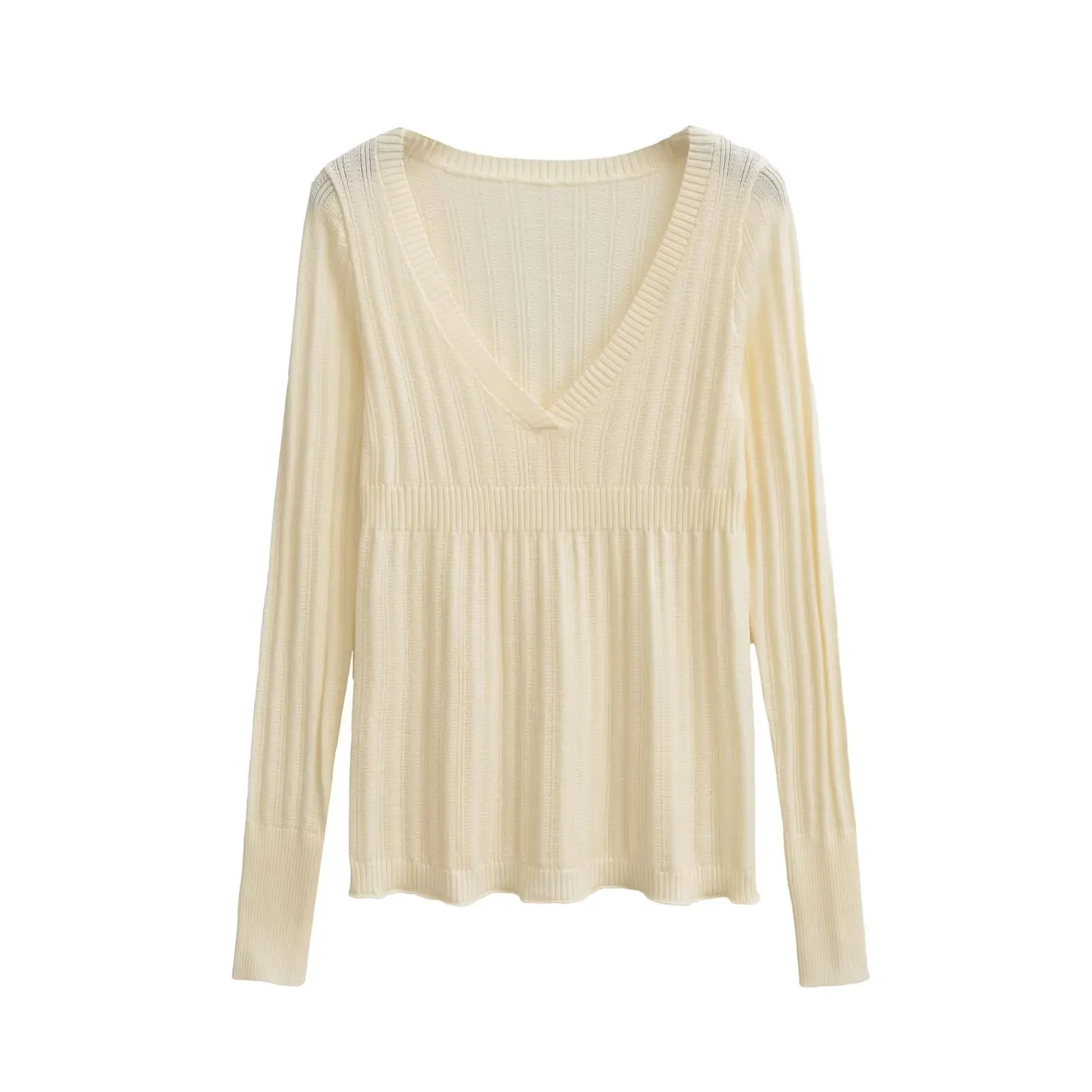 سترة محبوكة بقصة ضيقة V-Ne Long Sve بيضاء متعددة الاستخدامات بطبقة أساسية للنساء ملابس يومية مريحة وناعمة بلون نقي #3