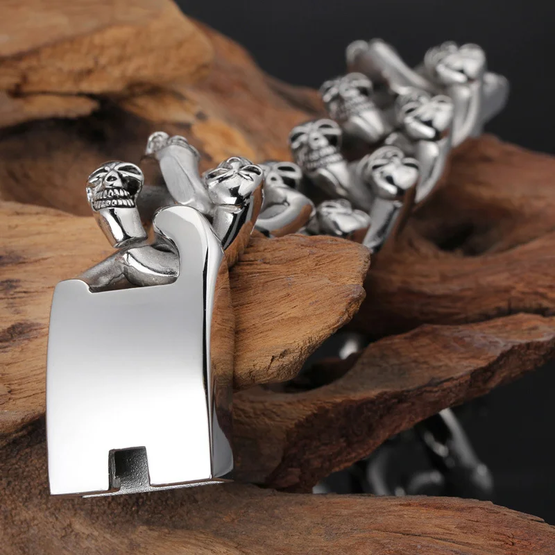 Fongten Fashionable and Unique Double-Row Skull Stainless Steel Men's Bracelet Trendy Wrist Jewelry Halloween Gifts