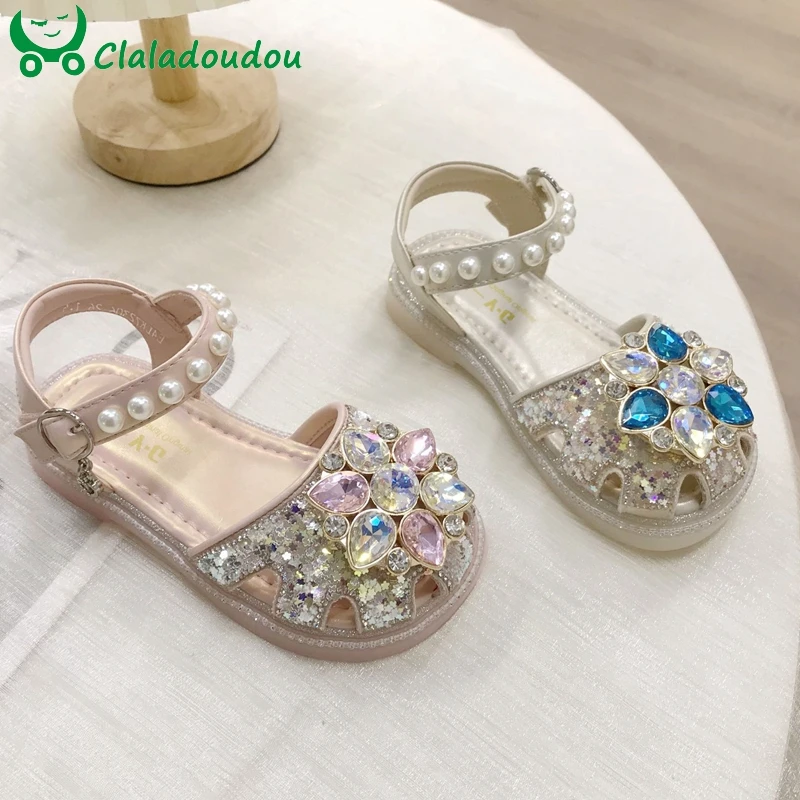 

High Quality Kids Sandals With Pearl Bling Crystal Fashion Sandals Closed Toe Summer Shoes Non-Slip Outdoor Princess Dress Shoes