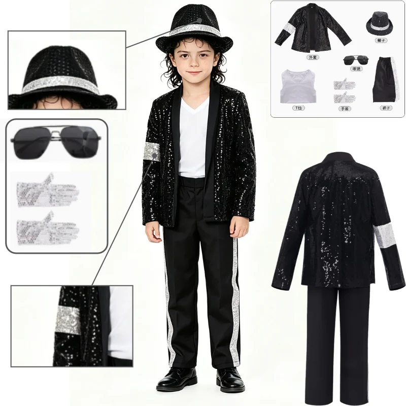 

Kids Michael Jackson Cosplay Costume Tap Dance Performance Outfit Hat Glasses Halloween Stage Imitation Clothing for Children