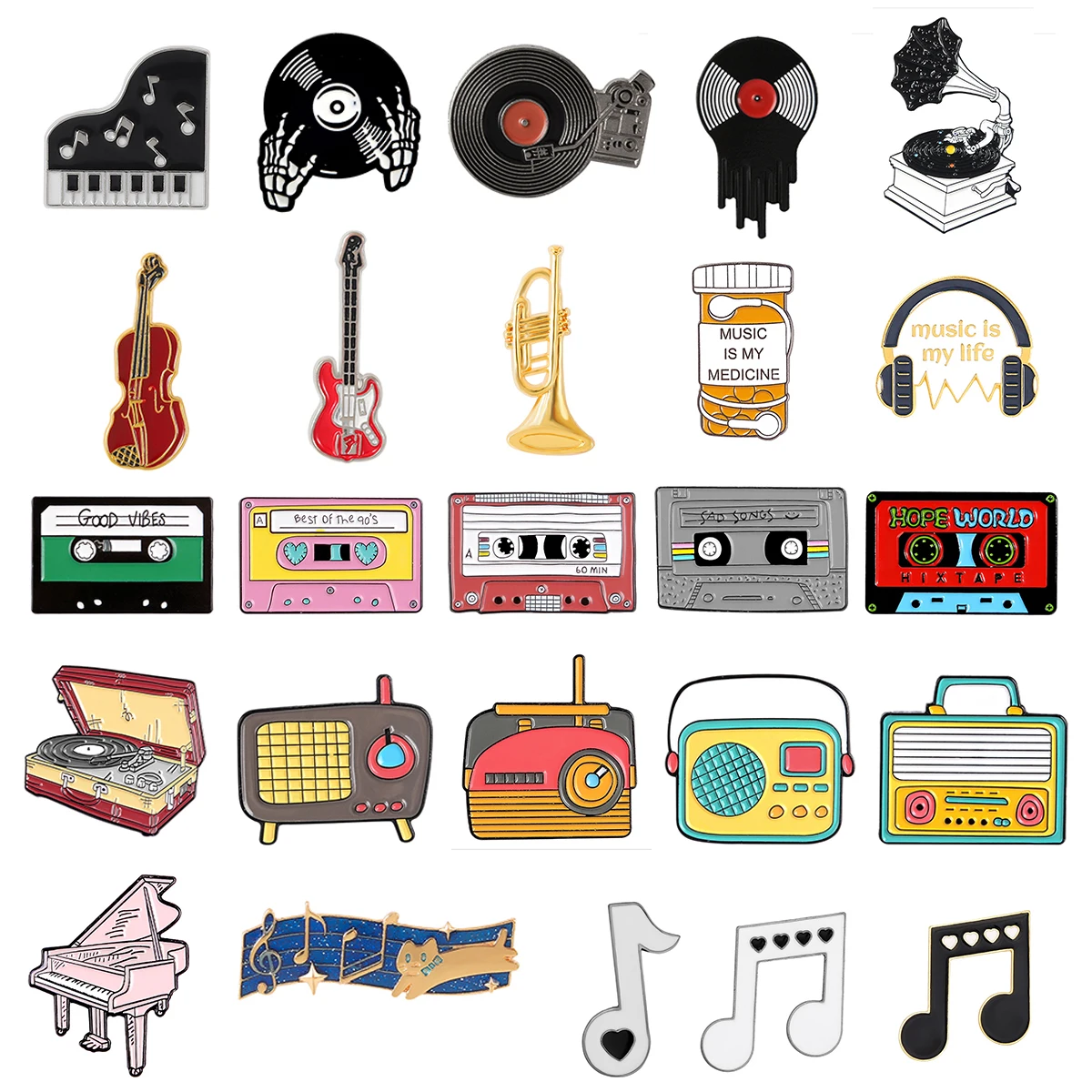 Instrumen Musik Piano gitar Radio simbol musik merekam aksesoris bros lencana Lapel pin pita musik bros