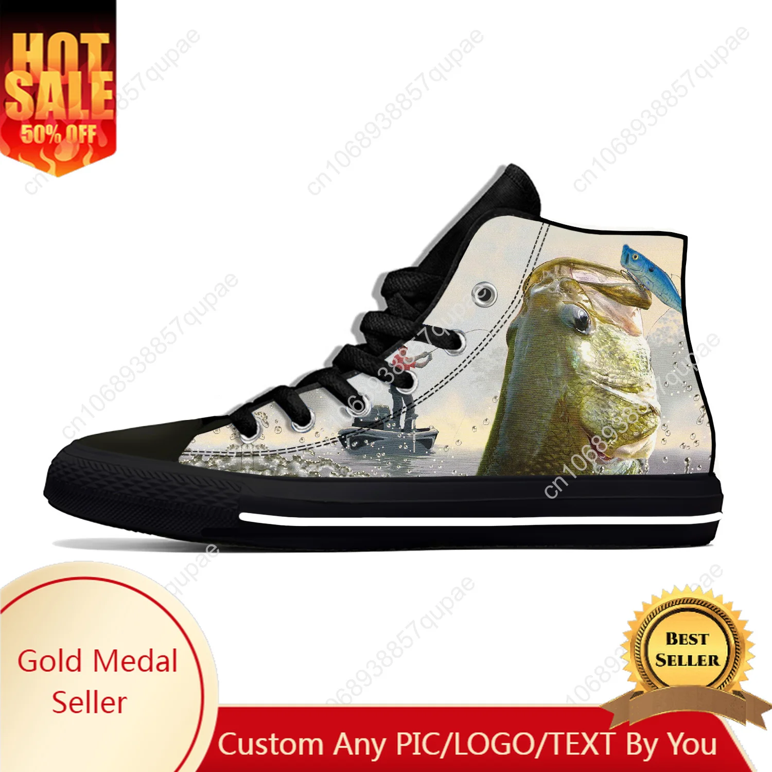 

Anime Cartoon Manga Comic Bass Fishing Fish Funny Casual Cloth Shoes High Top Lightweight Breathable 3D Print Men Women Sneakers