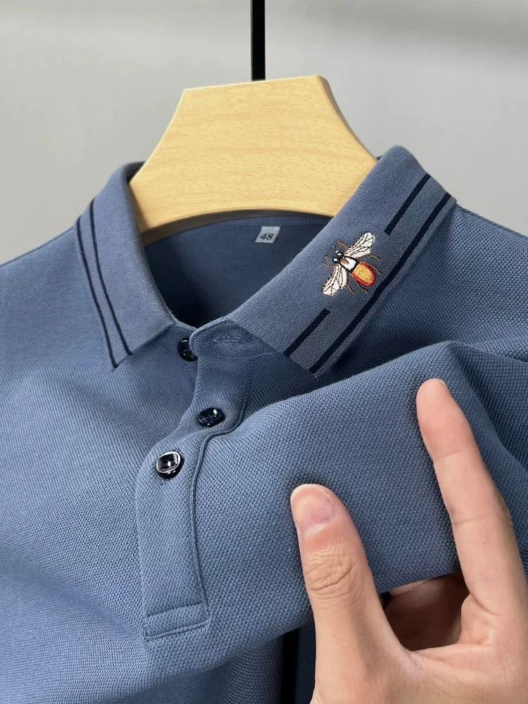 

Luxury brand 100% cotton long sleeve polo shirt men's comfort spring autumn casual fashion bee embroidery striped lapel T-shirt