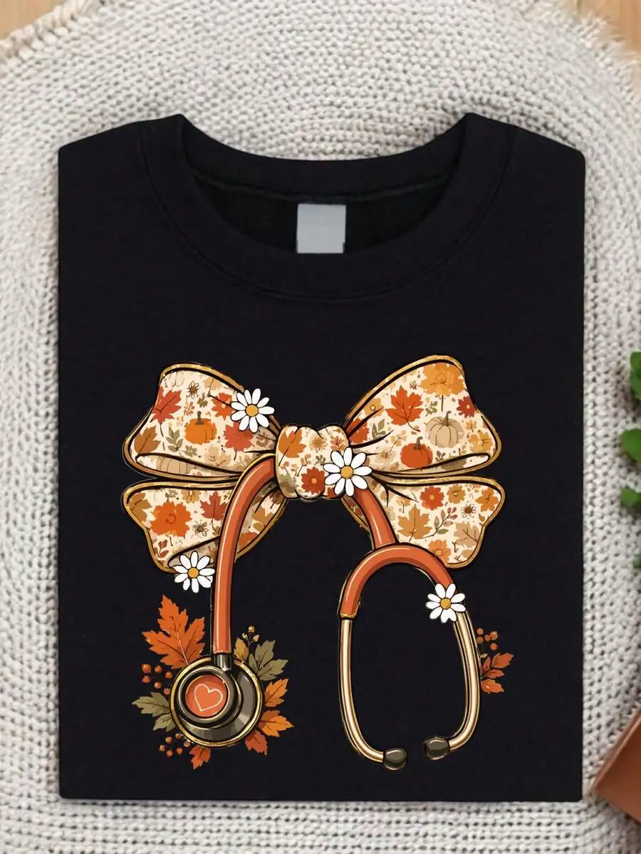 Thanksgiving Nurse Coquette Bow Sweatshirt Women Fall Vibes Pumpkin T-Shirt Maple Leaves Casual Autumn Outfits Tops