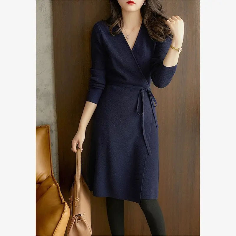 Autumn V-neck Irregular Waist Tied Knit Sweater Women Mid to Long Cardigan Loose Slimming Style Elegant and Socialite Jacket