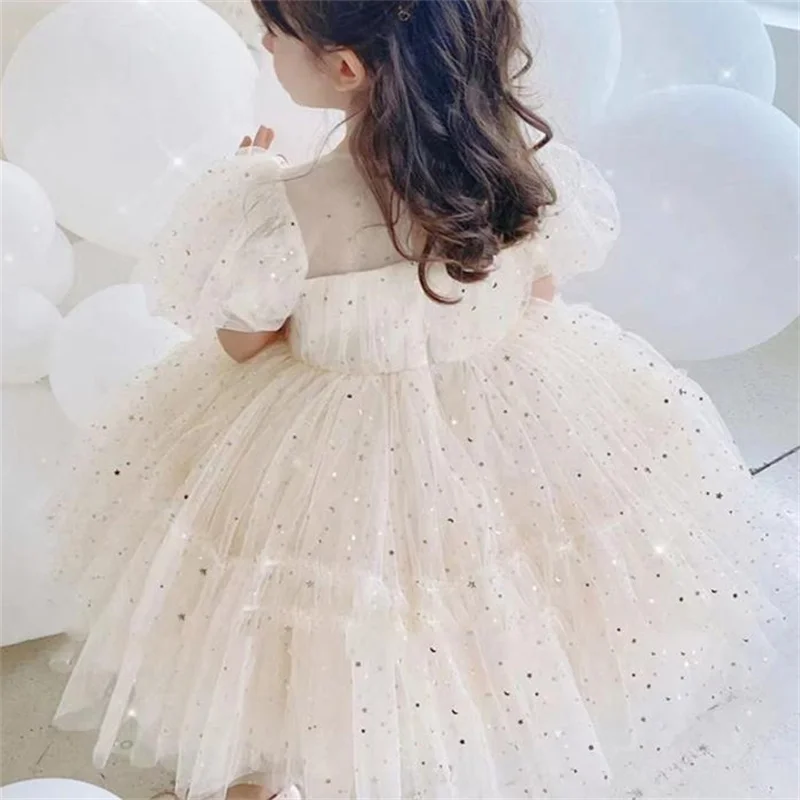 Mesh Multilayer Puff Sleeve Children's Birthday Dress Summer 2022 New Flower Girl Wedding Girl Party Dress