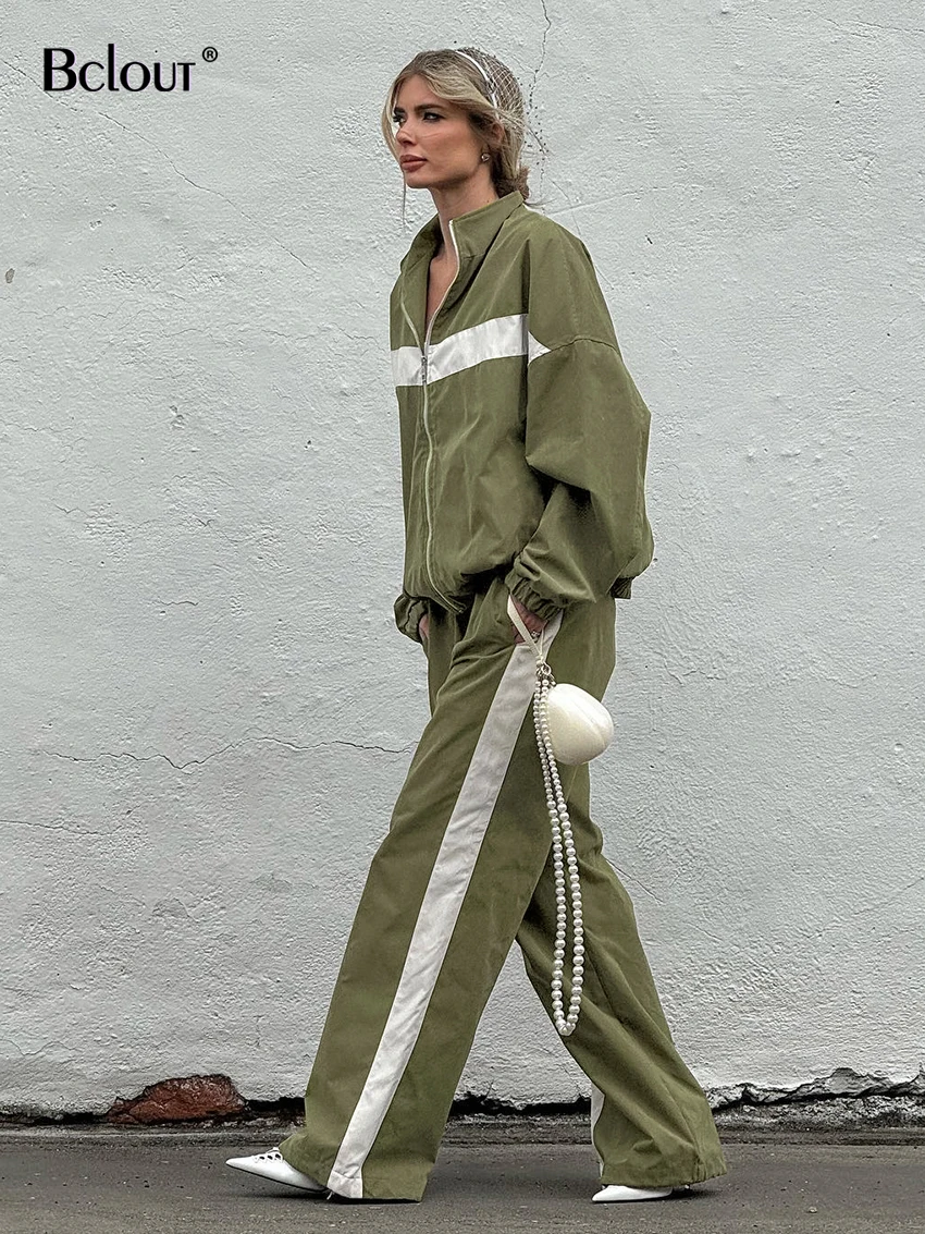 Bclout Fashion Ptachwork Loose Pants Suits Women Sports Green Long Sleeve Zippers Coats Streetwear Wide Leg Pants Sets 2 Pieces