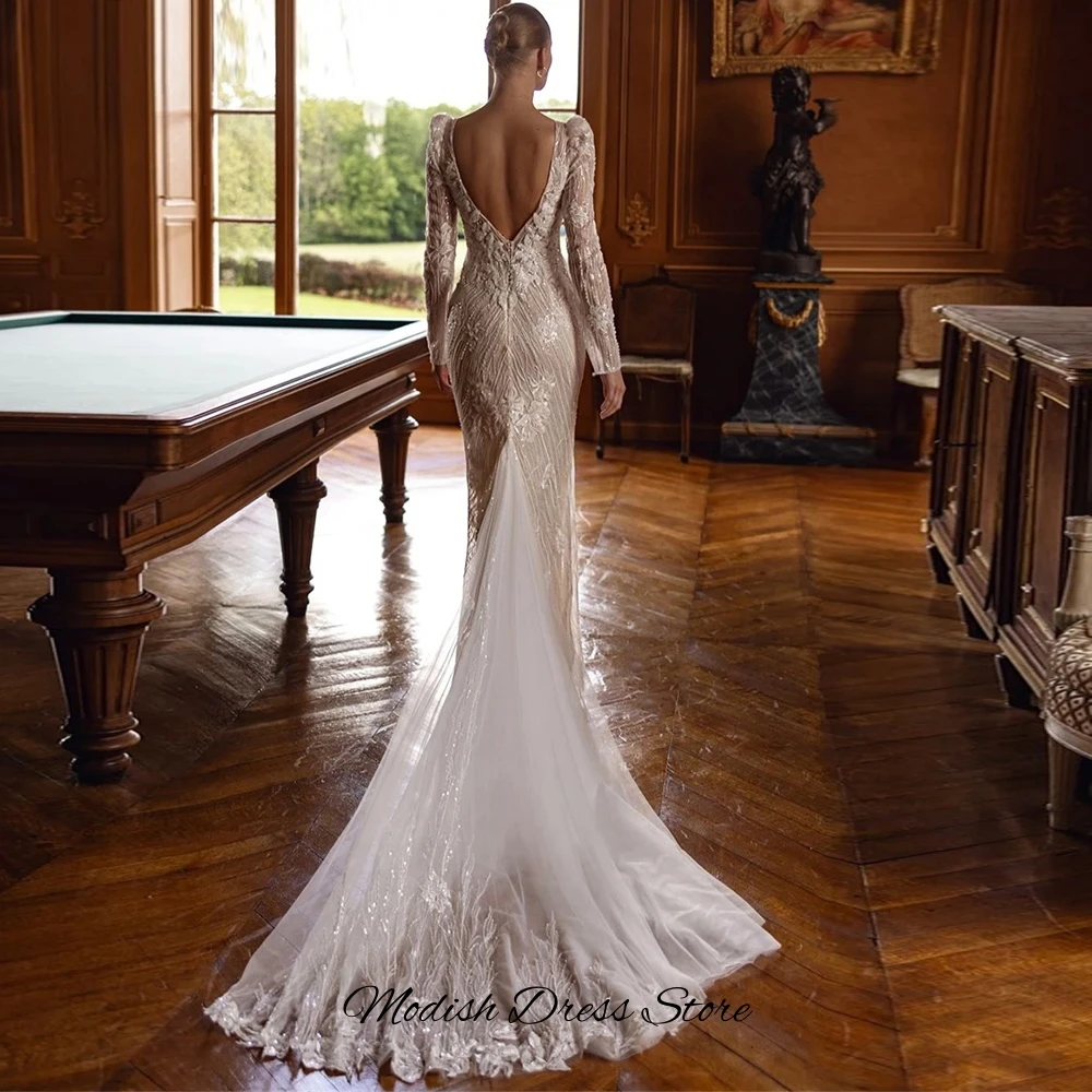 Temperament Customized Mermaid Bridal Gowns Modern Deep V-neck Wedding Dress Elegant Handmade flowers Beading Vestido De Novia