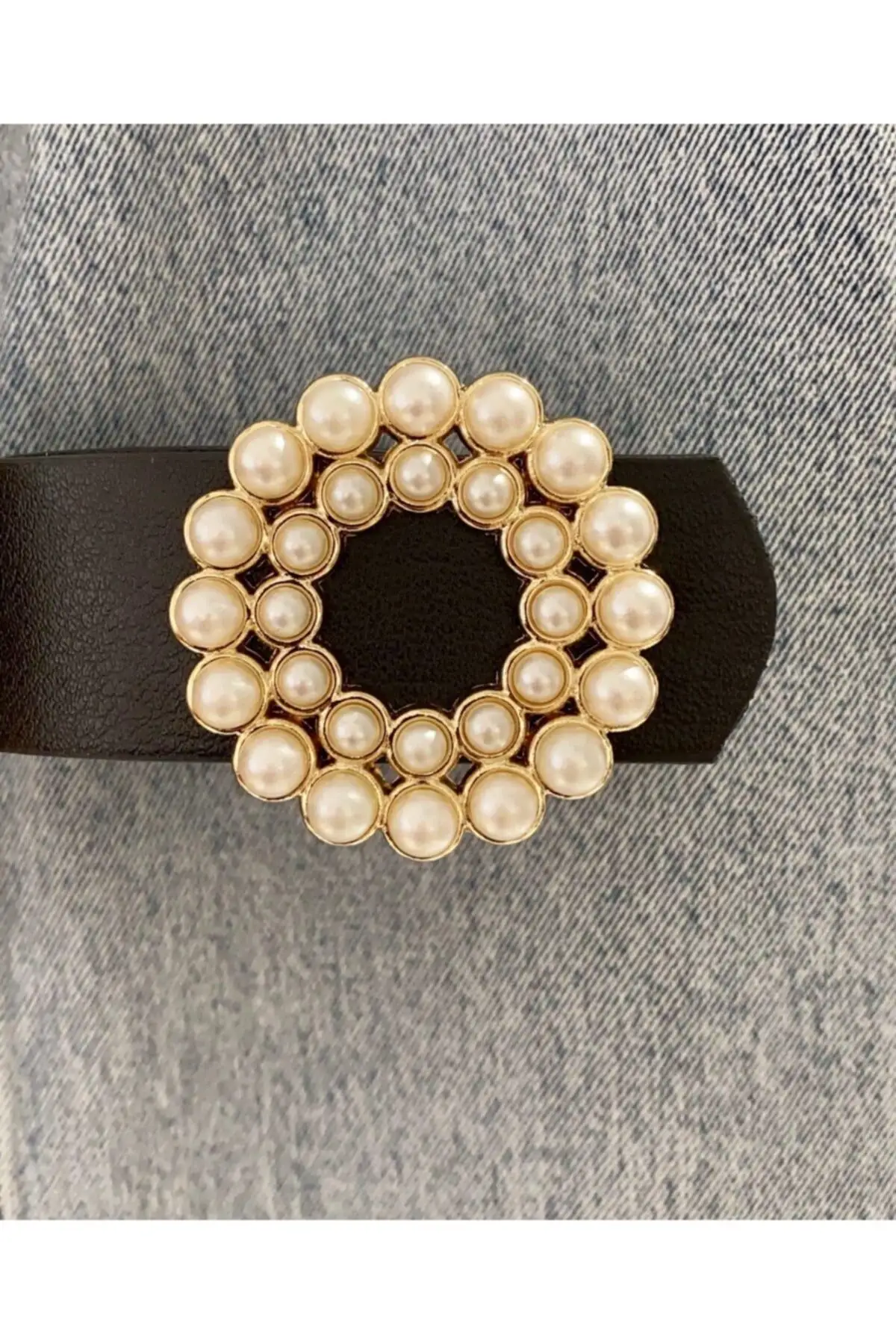 Women's Black Double Row Pearl Buckle Belt Must Dizgili With Pearl Women 'S Belt Trend Special Design Women 'S Belt