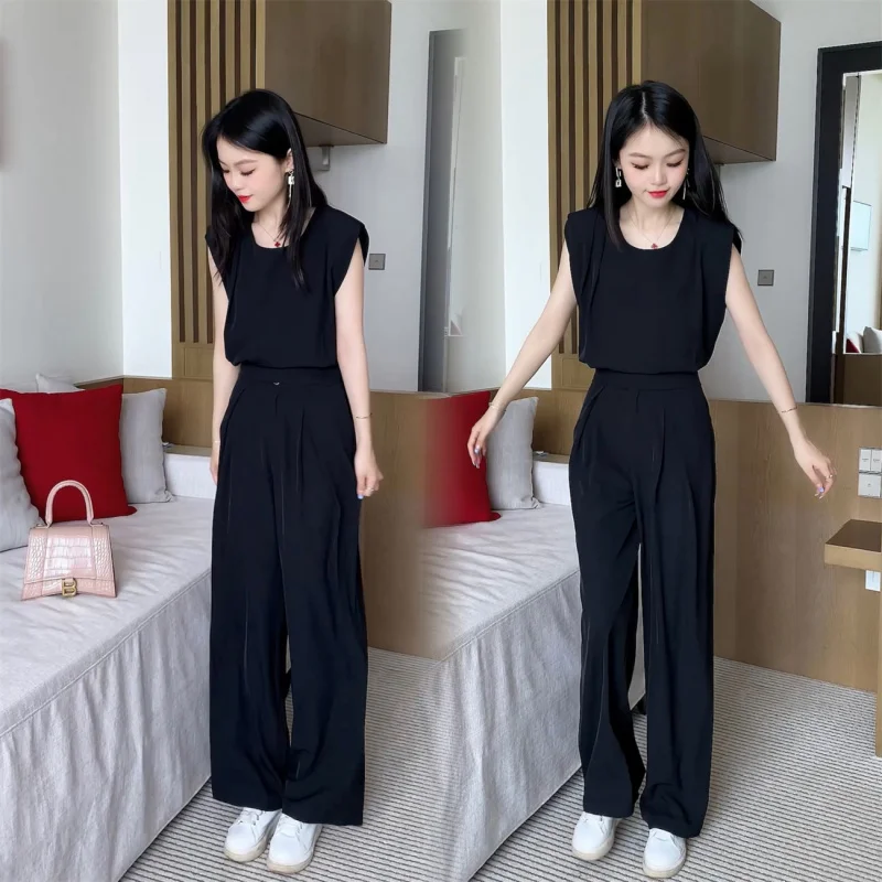 Fashion Drooping Wide-Leg Pants Suit Women\'s Summer New Western Temperament Slimming Fashionable Anti-Aging Casual Two-Piece Set