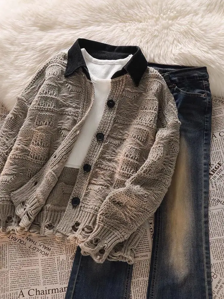 Korean Style Suit with Ripped Polo Collar Cardigan Sweater Inner Vest Micro Flared Jeans Three Piece Women's Pant Set