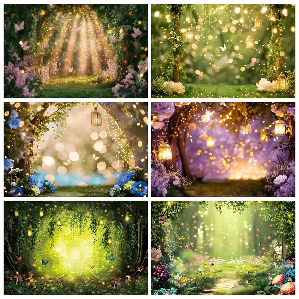 Fondo de jardín de cuento de hadas bosque encantado de ensueño mariposa flores luz Bokeh niña bebé fiesta de cumpleaños fotografía fondo