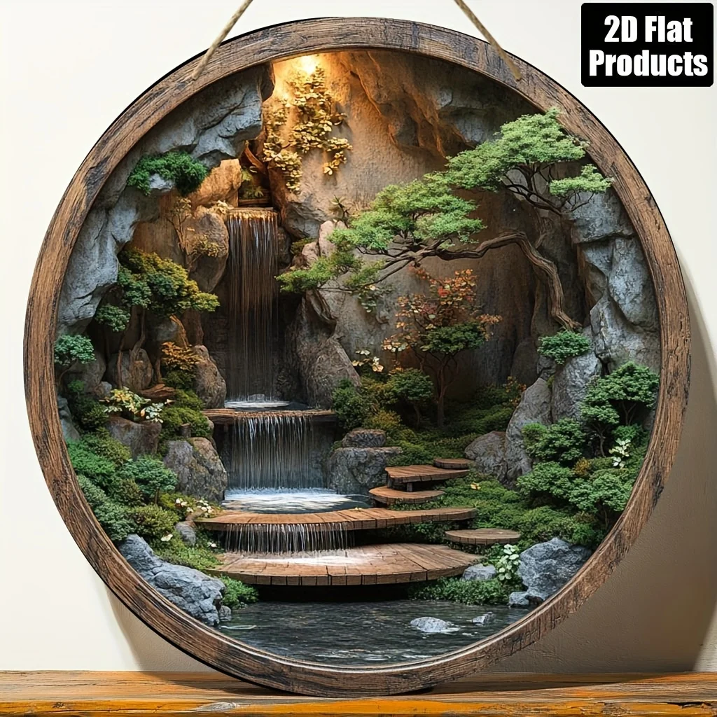 2D Plane, 1pc, Round Wood Board Decorative Painting Sign, Japanese Zen Garden Waterscape Theme, Suitable for Bar Kitchen Cafe Fa
