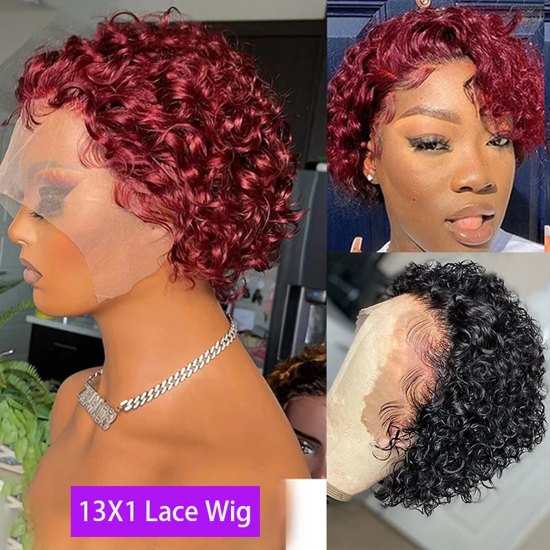 

99J Pixie Cut Wig Colored 13X1 Lace Wig Spring Curl Short Bob Human Hair Wig For Women Natural Black Color Human Hair Wig 1B