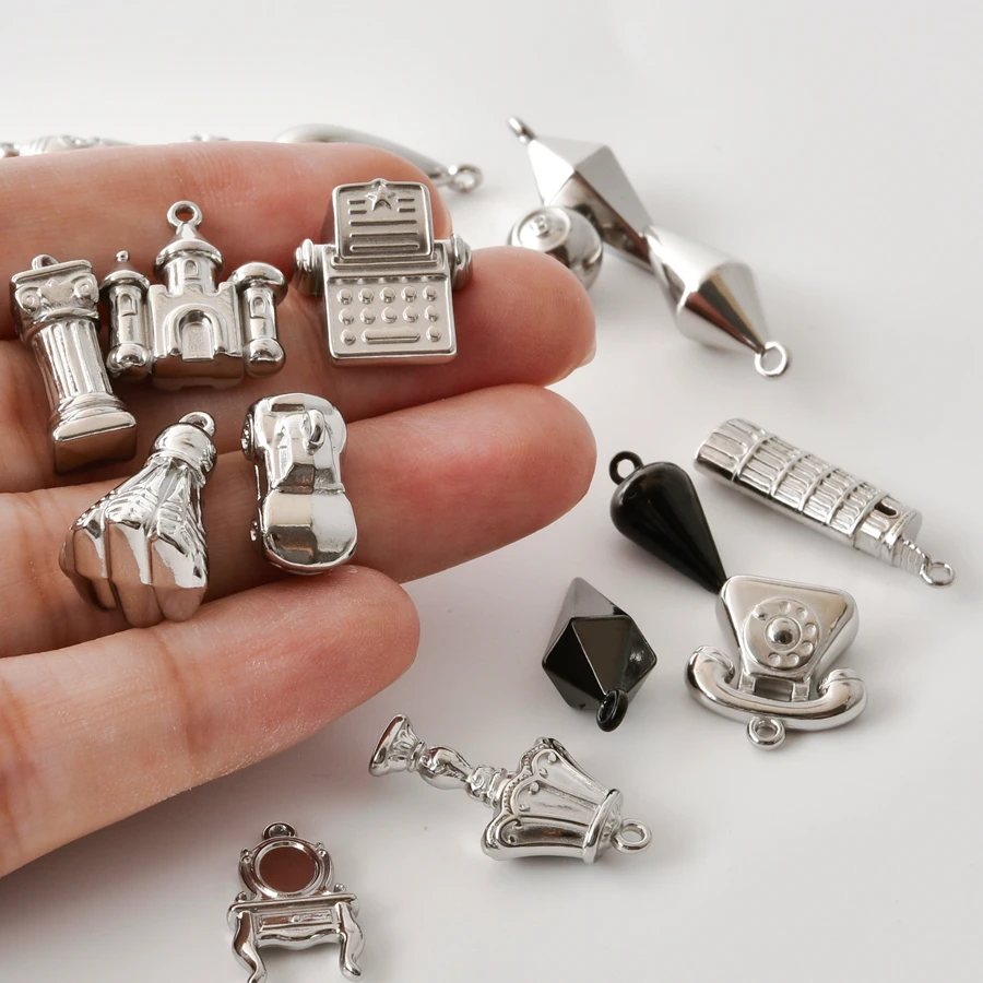 5Pcs 316 Stainless Steel  Silver Tone Retro Castle Telephone Rocket Car Roman Column Big Ben Assorted Pendant DIY Jewelry Making