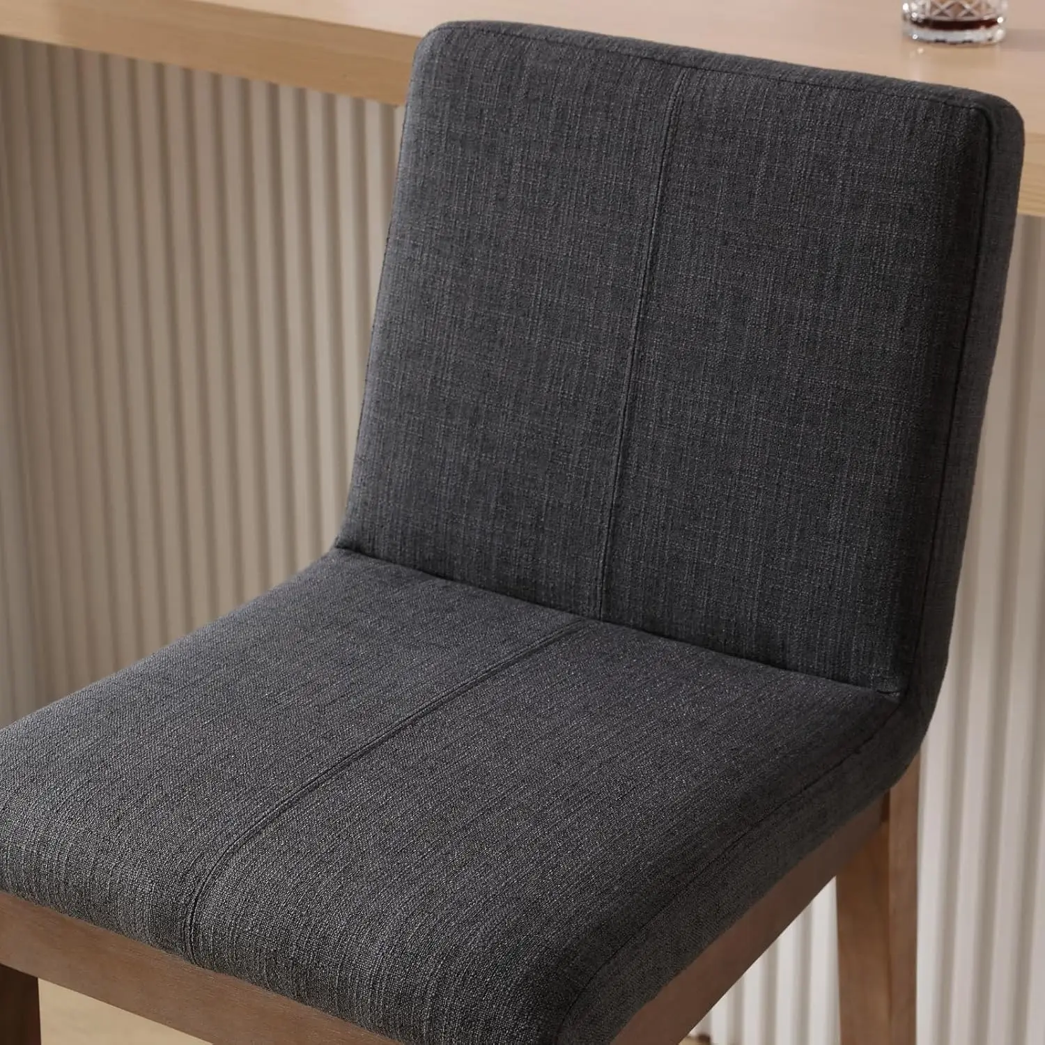 Set di 2 sgabelli da bar imbottiti in lino con schienale, legno massello secolo 30', antracite