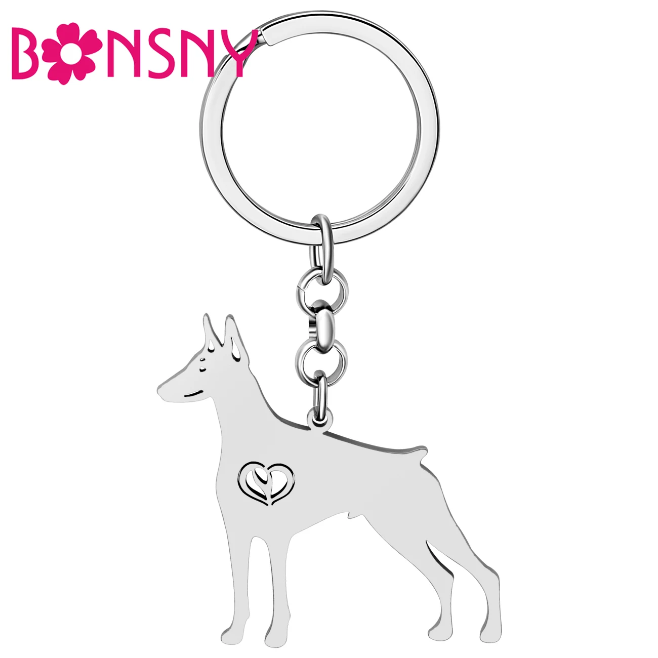 Bonsny Stainless Steel Silver Plated Doberman Dog Pet Key Chain Key Ring For Women Handbag Purse Puppy Keychains Gifts