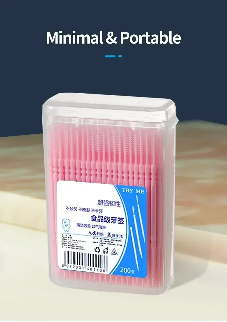 Tragbarer ultrafeiner Zahnstocher, Einweg-Familienbox, verpackter Pick, Doppelkopf, High-End-Persönlichkeit, kreativer Obststab, 200 Stück – Detail 3