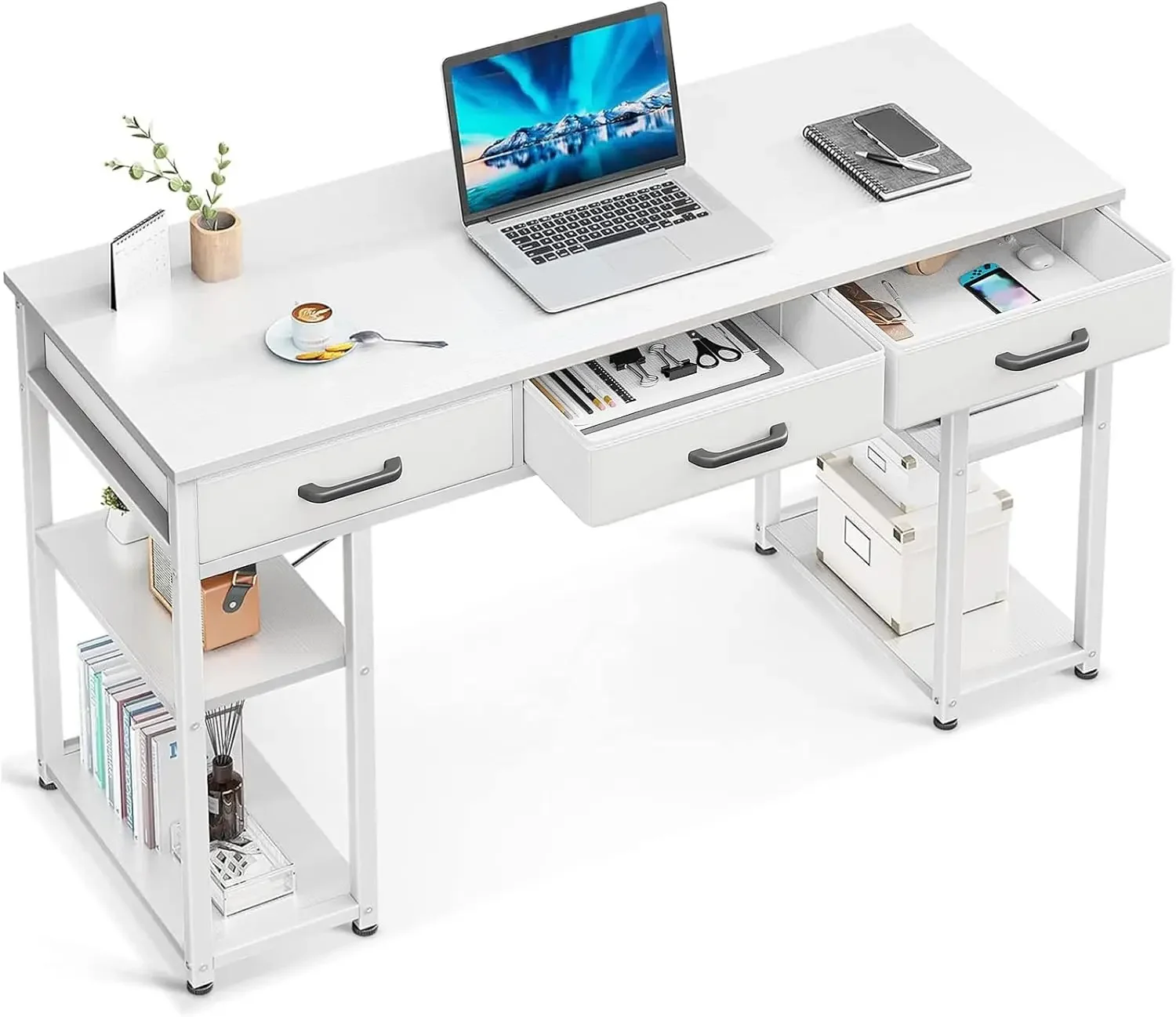 Office Small Computer Desk: Home Table with Fabric Drawers & Storage Shelves, Modern Writing Desk, White, 48"x16"