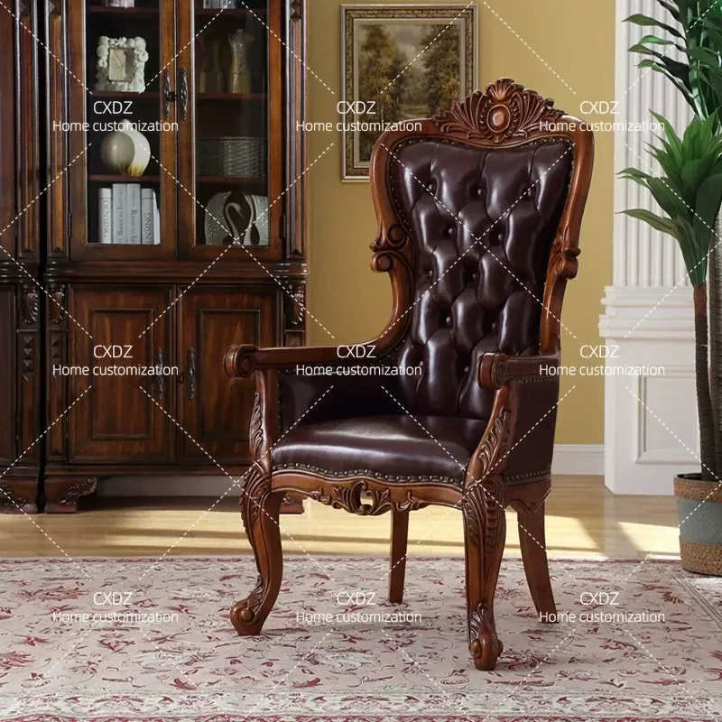 Solid Wood Book Chair Leather Leisure Study Office Computer Chair with Armrest Backrest for Home Dining Room Furniture