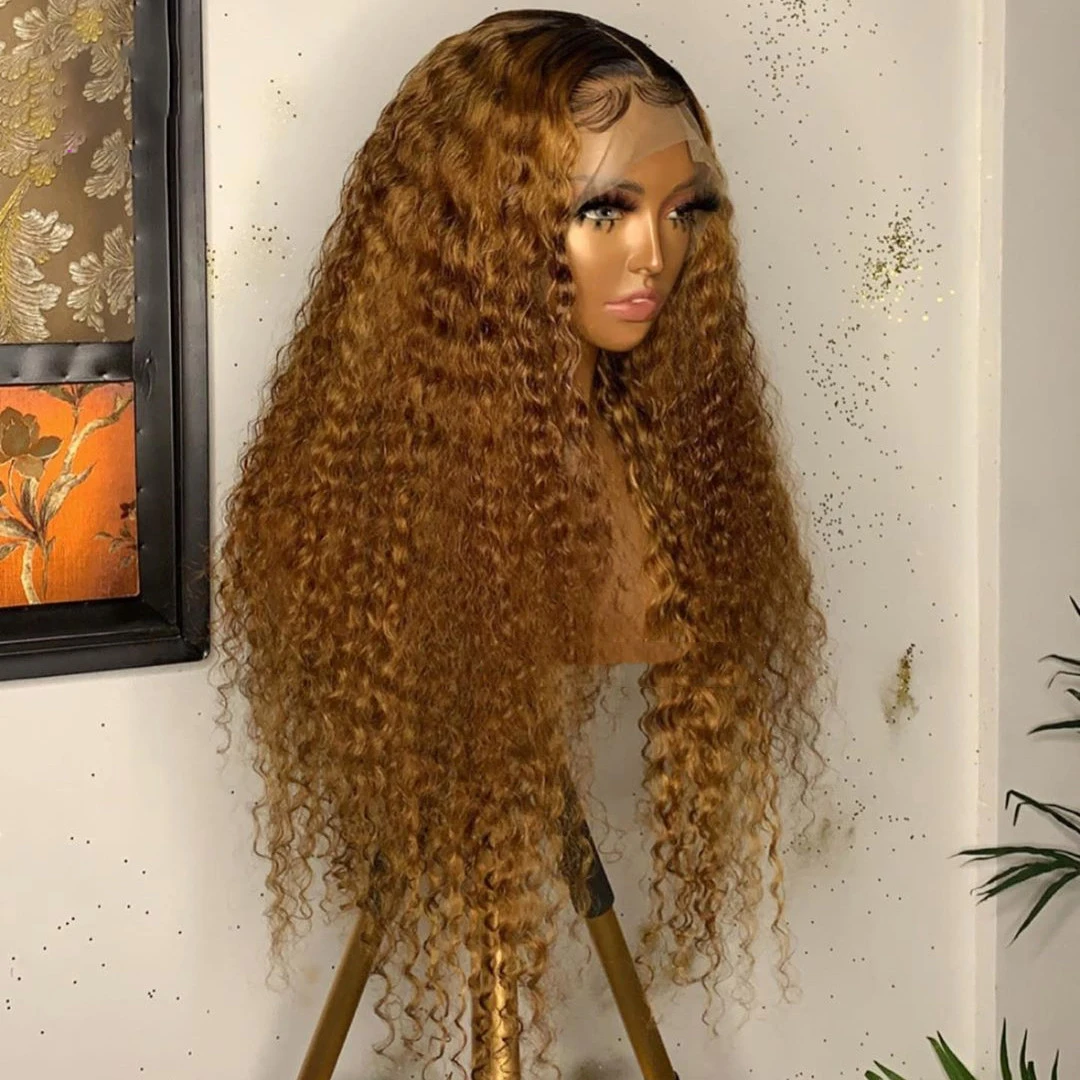 Perruque Lace Front Wig Deep Wave sans colle pour femmes noires, cheveux de bébé pré-épilés, douce et longue, blonde ombrée, densité 180, 26 po, 03/3