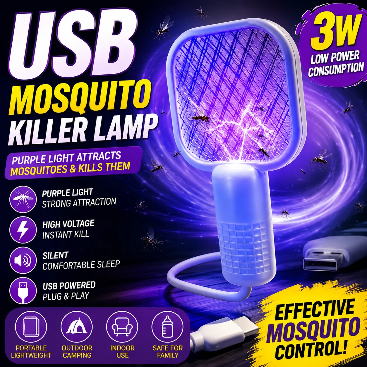 USB Mosquito Killer Lamp Portable UV Mosquito Trap Low Power Bug Zapper for Outdoor Camping Picnic Home Bedroom