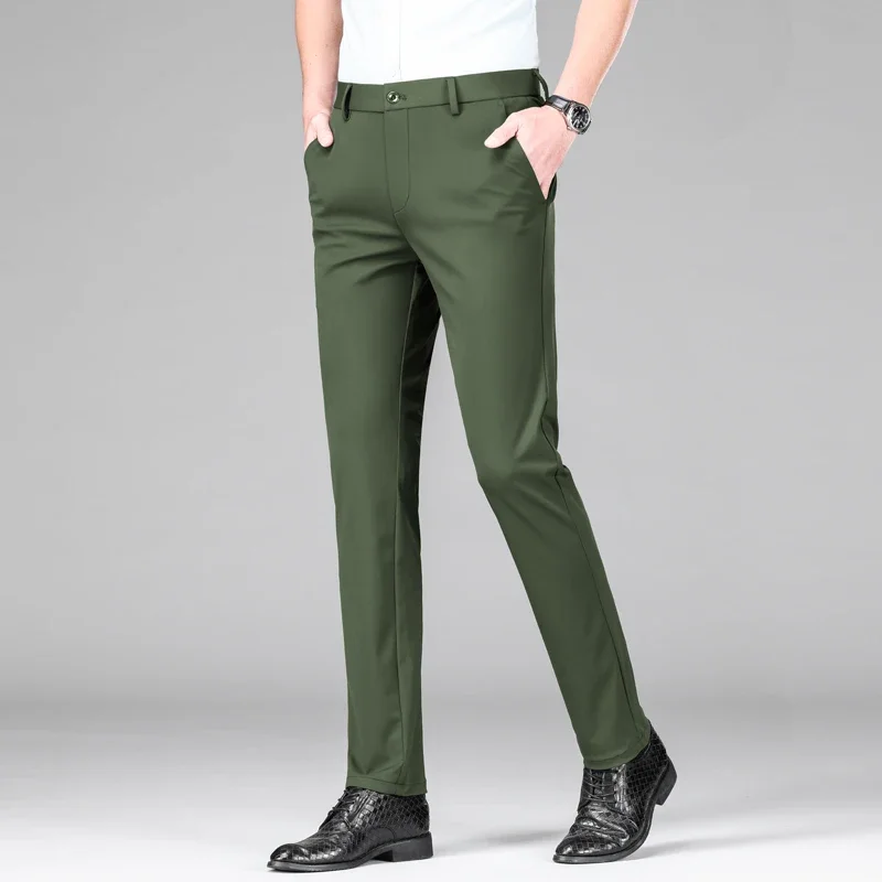 New Summer Men\'s Ice Silk High Stretch Business Suit Pants Male Army Green Blue Elastic Formal Office Straight Formal Trousers