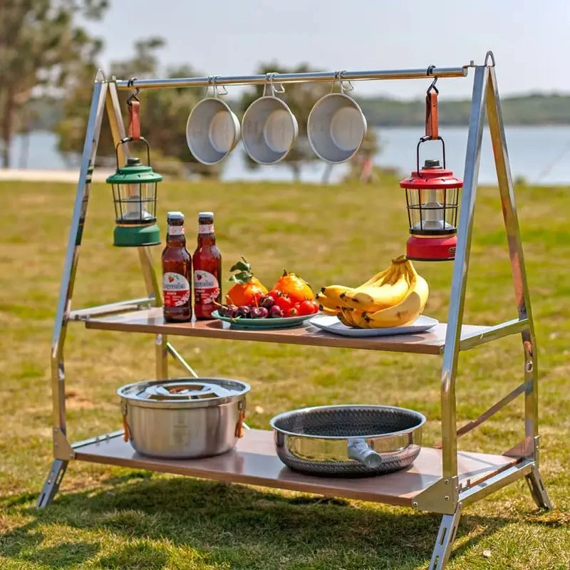 Portable Folding Shelf Storage Rack Garden Stainless Steel Stand Outdoor Camping Storage Shelf