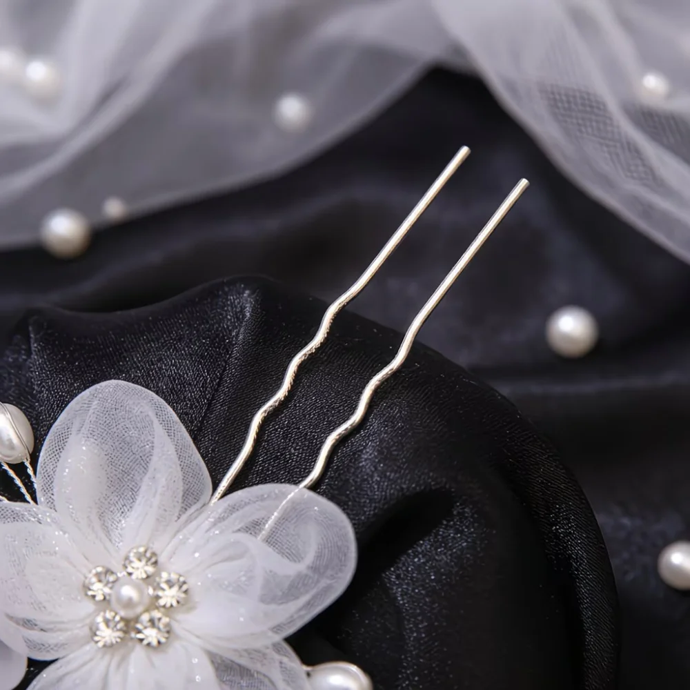 2-Piece White Organza Flower Wave U-Shaped Hair Fork Hairpins, Suitable for Wedding Bridal Updo and Photo Hairstyle Decoration image 4