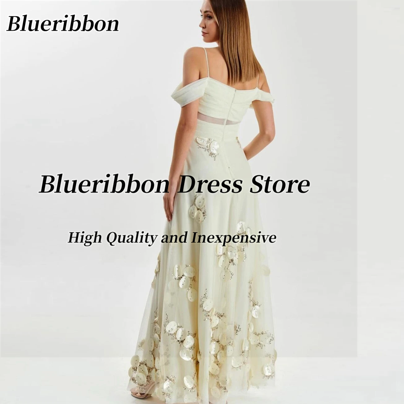 Blueribbon Sexy Prom Dresses Spaghetti Off Shoulder Robe Des Marrige 3D-Applique A Line Evening Party Bride Wear Formal Gowns