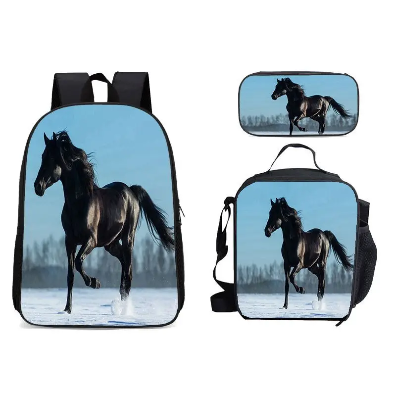 Harajuku Popular nuevo Animal caballo estampado 3D 3 unids/set mochilas escolares para estudiantes mochila para ordenador portátil bolsa de almuerzo estuche para lápices