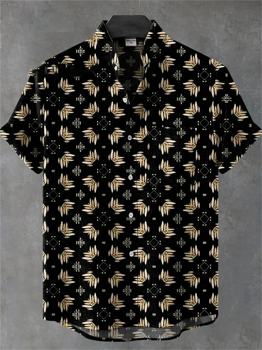Hawaiian Shirt Men's 3D Art Print Linen Stand Collar Shirt Loose Beach Shirt Summer Casual Holiday Button Shirt