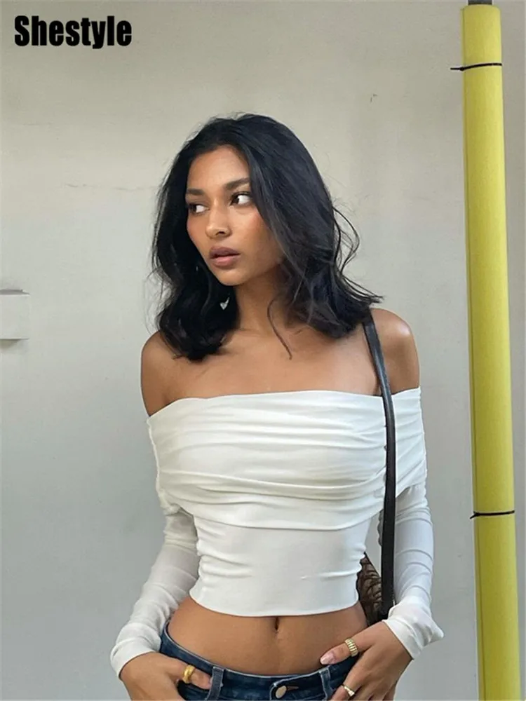 Shestyle White Solid Pleated Slash Neck Off Shoulder Crop Tops for Women Bodycon Full Sleeve Strapless Streetwear T-Shirt Hot