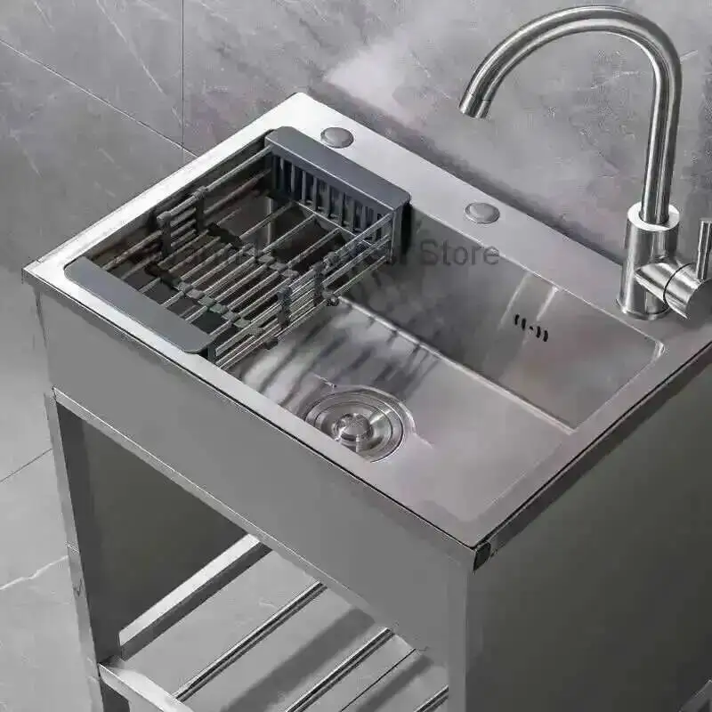 Steel Sinks Stainless Household Kitchen Kitchen Sink with Fence Bracket Handmade Vegetable Single Washing Sinks Dishwashing Sink