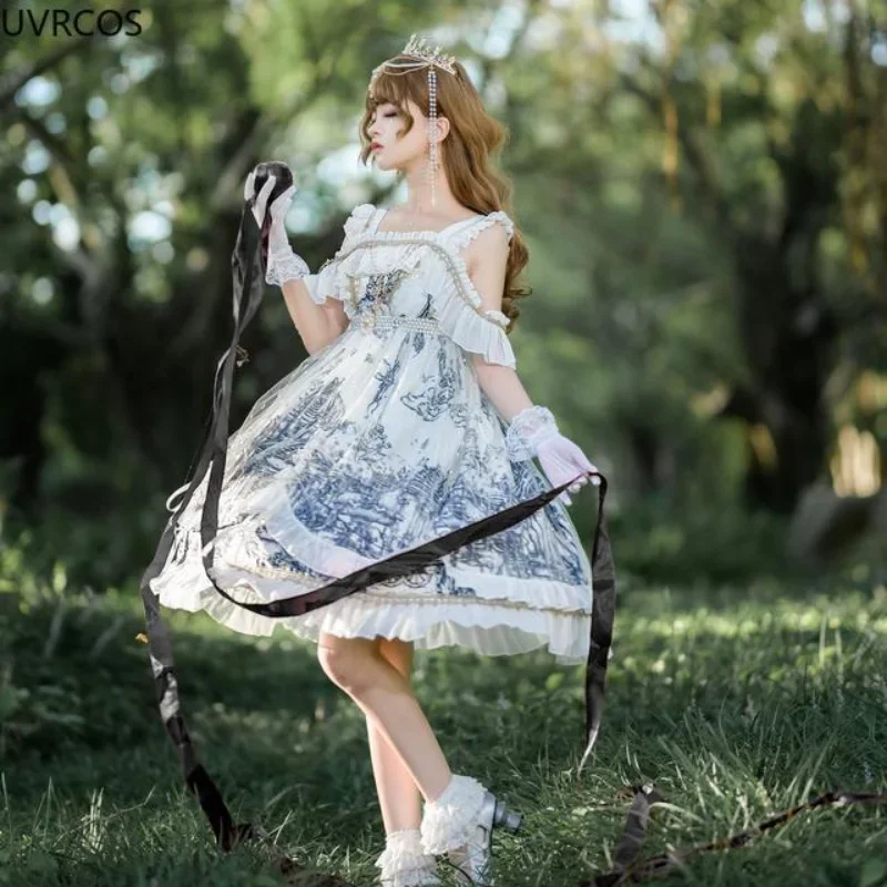 Vestido japonés victoriano Lolita Jsk para mujer, vestido gótico Retro con tirantes, estampado de princesa funeraria oscura, vestido de fiesta de té para niña dulce