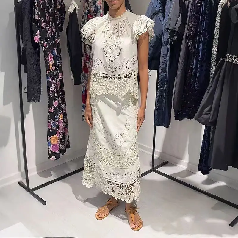 

Ele Vintage Embroidered Lace Collar f Skirt Slimming Effect Summer New Sle Women's Faion Set with Flng Sves