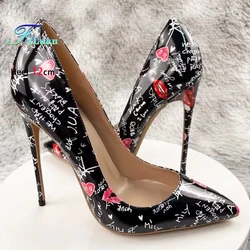 Graffiti Print Pointed Toe High Heel Shoes Plus Size 45 Pumps Thin Heel Shallow Mouth Shoes for Women Elegant Women's Heels