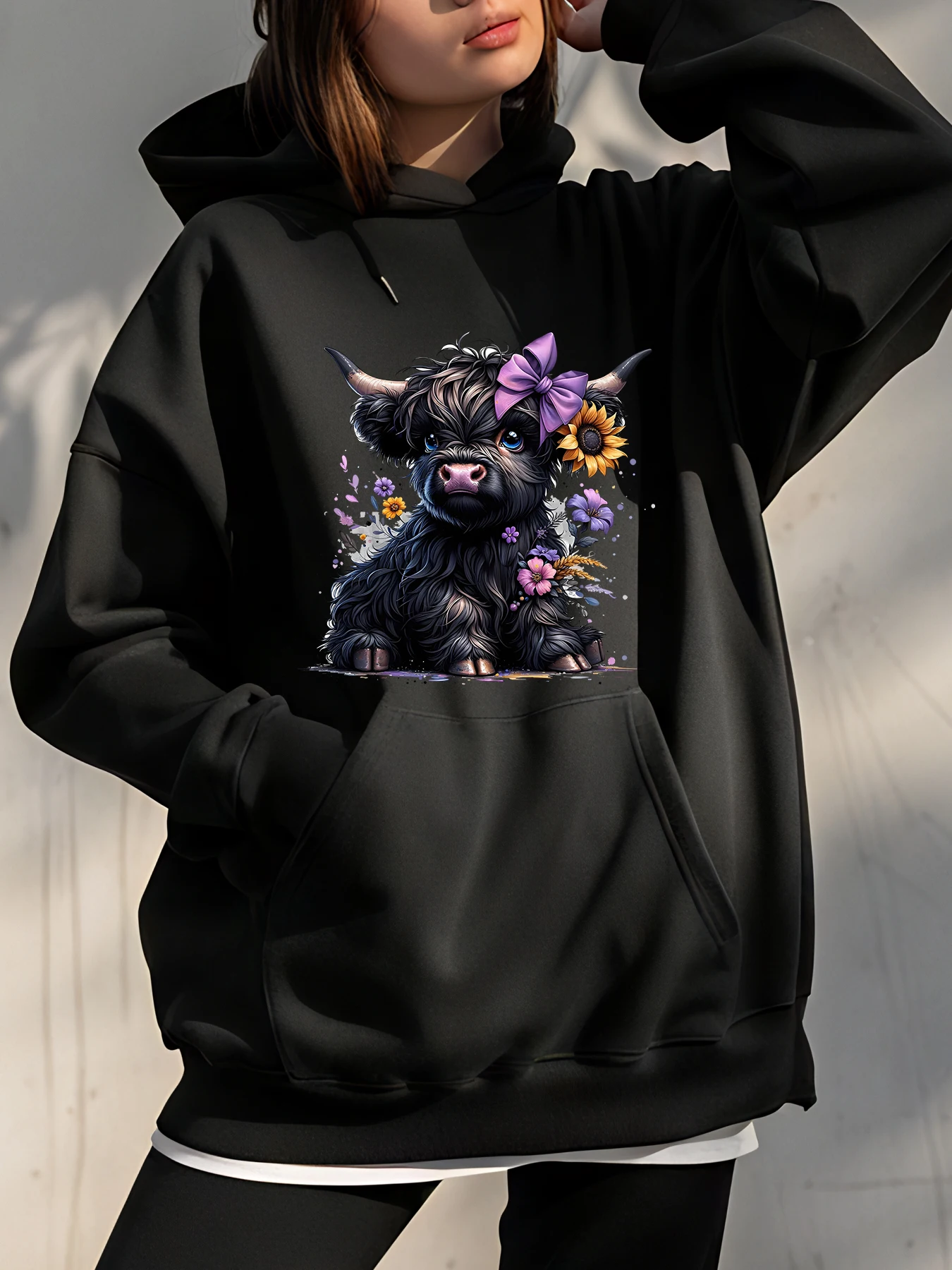 

Черная толстовка с капюшоном с коровьим принтом и цветочным дизайном, женская повседневная уличная модная толстовка для девочек и женщин